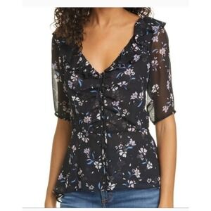Veronica Beard 100% Silk floral  sheer blouse  asymmetrical hem woman size 4